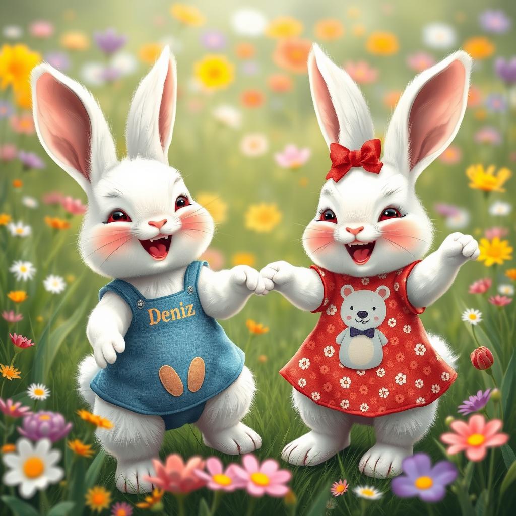 A joyful scene featuring two cute white rabbits playing together