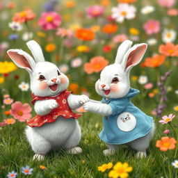 A joyful scene featuring two cute white rabbits playing together