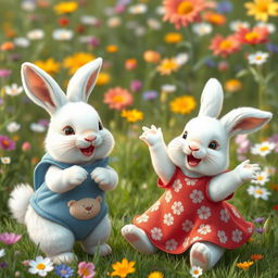 A joyful scene featuring two cute white rabbits playing together