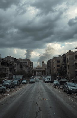 A devastated cityscape showcasing the aftermath of a bombing