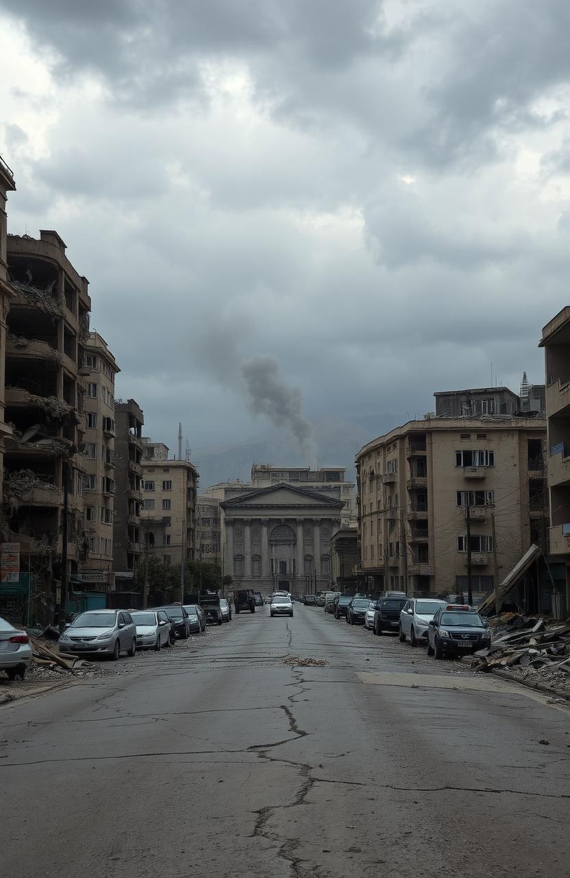 A devastated cityscape showcasing the aftermath of a bombing