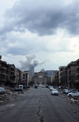 A devastated cityscape showcasing the aftermath of a bombing