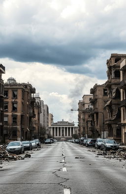 A devastated cityscape showcasing the aftermath of a bombing