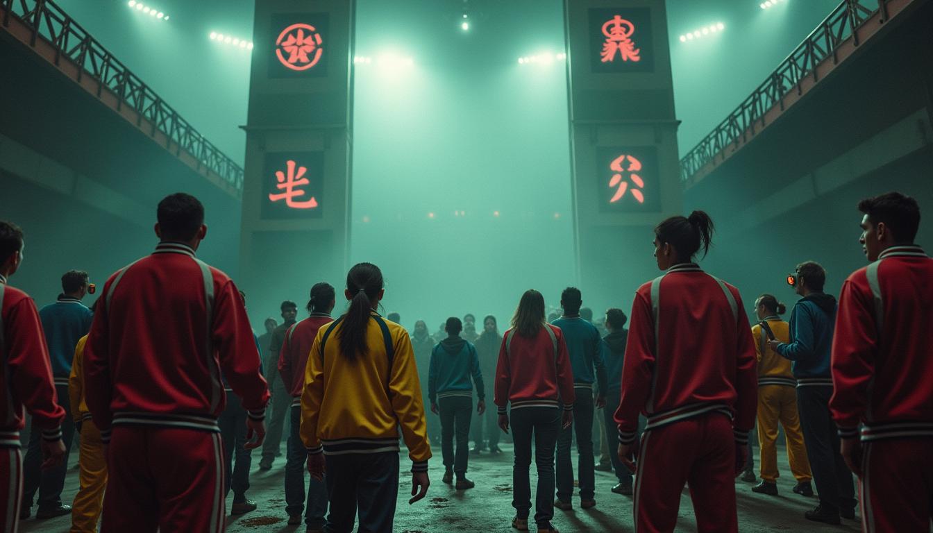 A gripping scene inspired by a suspenseful survival game, depicting contestants in colorful tracksuits participating in intense challenges within a large, ominous arena