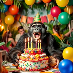 A playful gorilla sitting at a jungle-themed birthday party, surrounded by colorful decorations and balloons