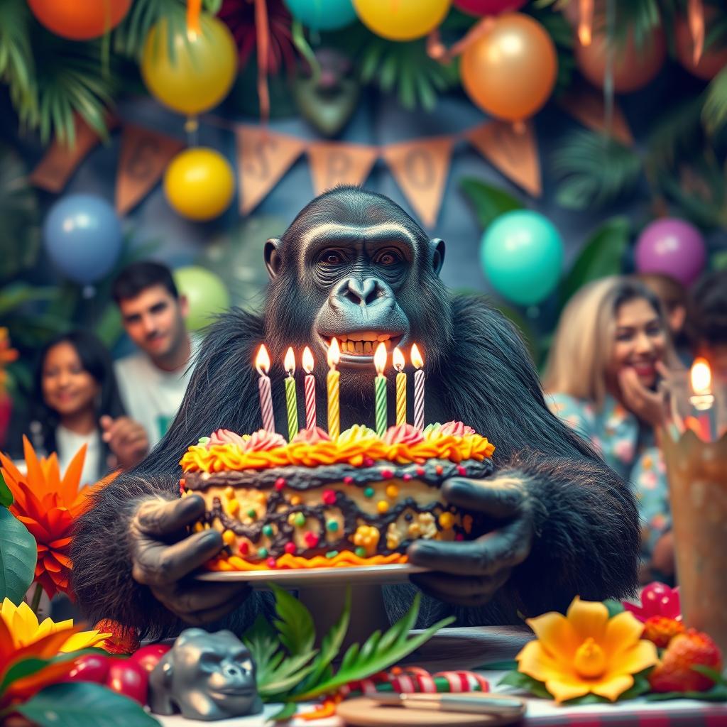 A playful gorilla sitting at a jungle-themed birthday party, surrounded by colorful decorations and balloons