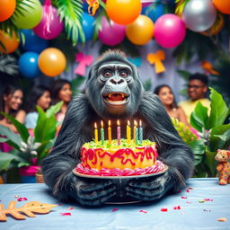 A playful gorilla sitting at a jungle-themed birthday party, surrounded by colorful decorations and balloons