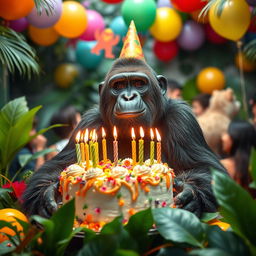A playful gorilla sitting at a jungle-themed birthday party, surrounded by colorful decorations and balloons