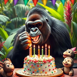 A large gorilla joyfully blowing out the candles on a beautifully decorated birthday cake, set in a lush jungle environment