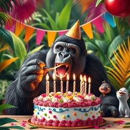A large gorilla joyfully blowing out the candles on a beautifully decorated birthday cake, set in a lush jungle environment