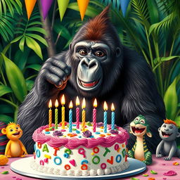 A large gorilla joyfully blowing out the candles on a beautifully decorated birthday cake, set in a lush jungle environment