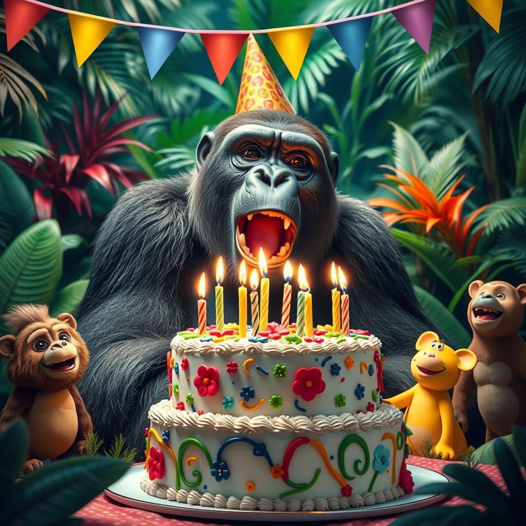A large gorilla joyfully blowing out the candles on a beautifully decorated birthday cake, set in a lush jungle environment