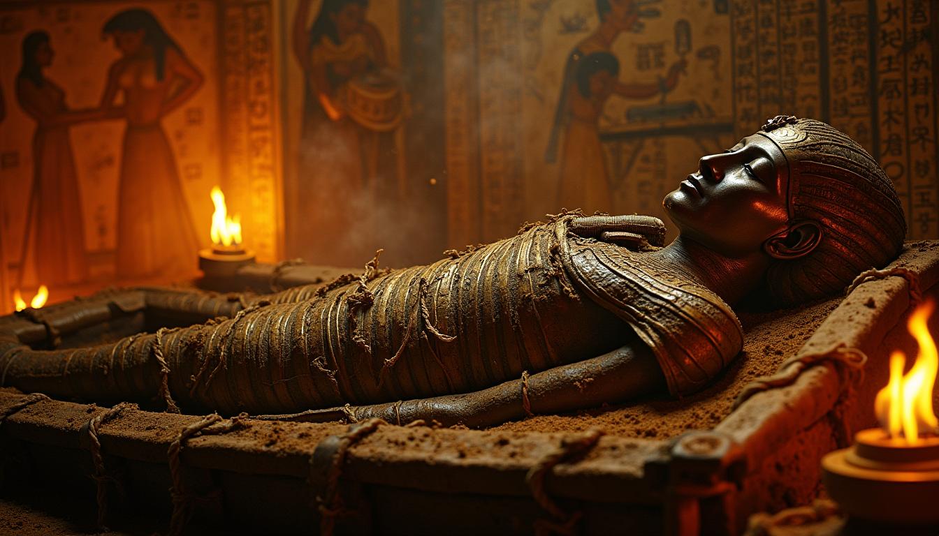 A captivating scene depicting an ancient Egyptian mummy in its ornate sarcophagus, partially unwrapped, revealing intricate bandaging and aged golden artifacts around it