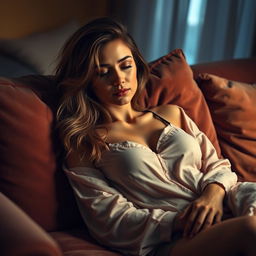 A sensual, tired woman reclining on a plush velvet couch