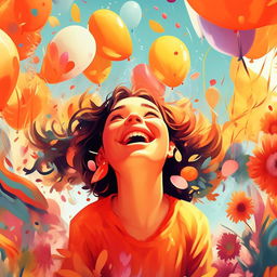 A vibrant illustration depicting the concept of happiness. Include vibrant colors, joyful expressions on people's faces and symbols associated with happiness like a sunny day, blooming flowers, and balloons.