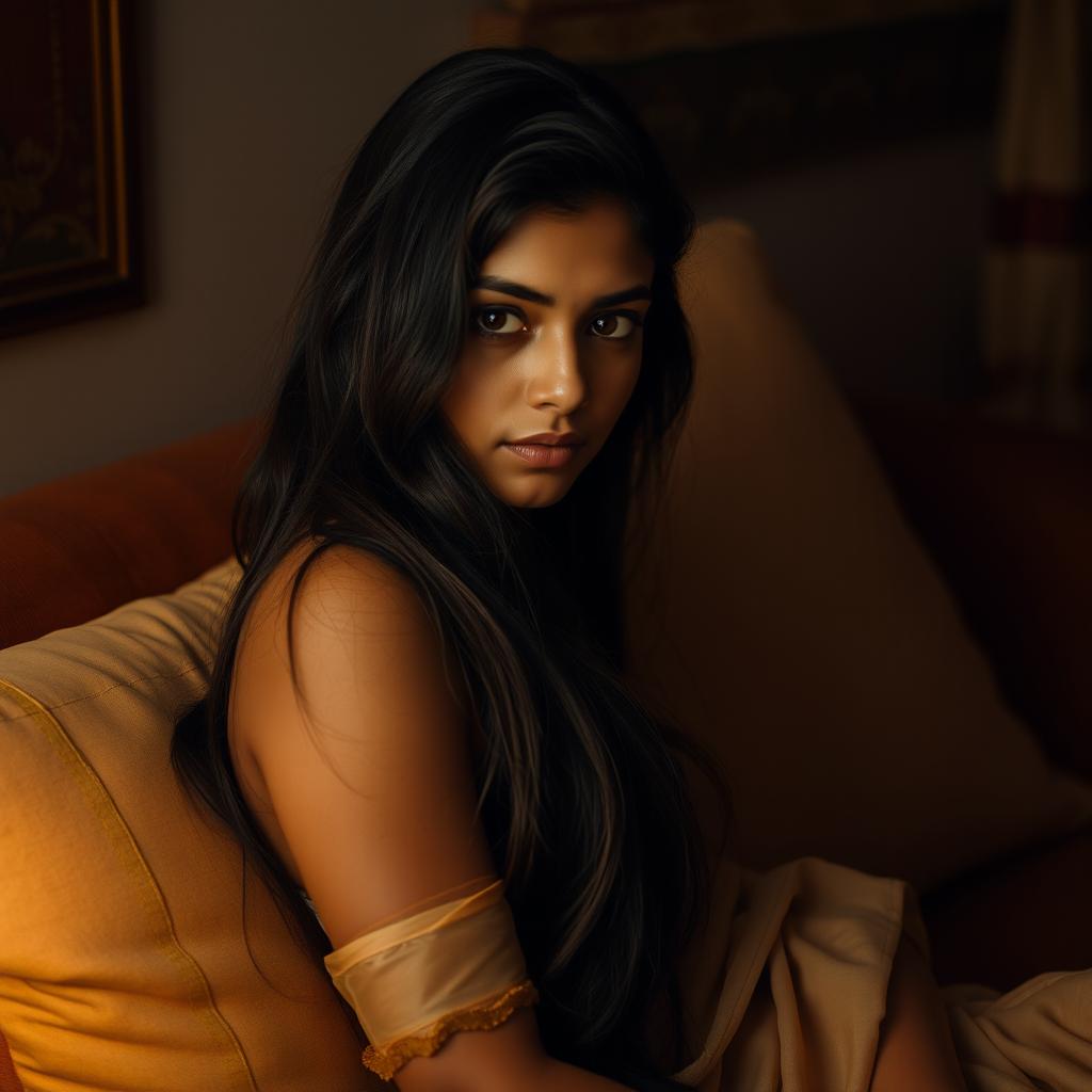 A sensual portrait of a tired Indian woman in a cozy, dimly lit room