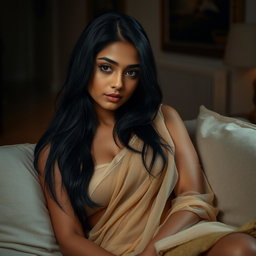A sensual portrait of a tired Indian woman in a cozy, dimly lit room