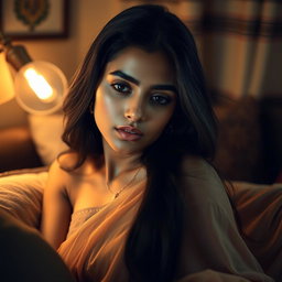 A sensual portrait of a tired Indian woman in a cozy, dimly lit room