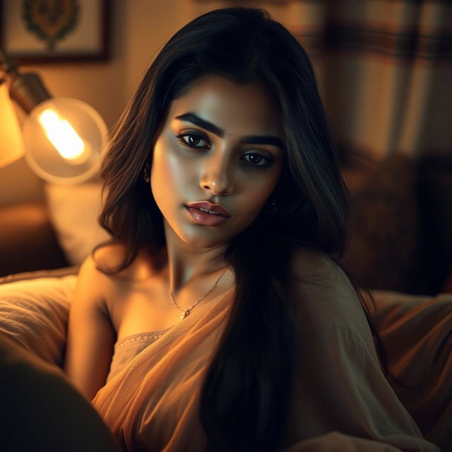 A sensual portrait of a tired Indian woman in a cozy, dimly lit room