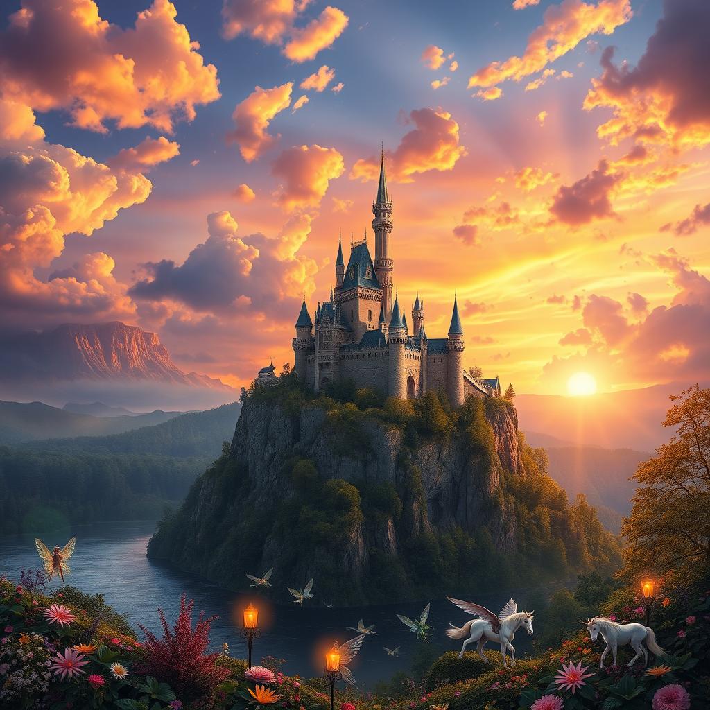 A breathtaking fantasy landscape featuring a majestic castle atop a cliff surrounded by lush forests and a shimmering lake at sunset