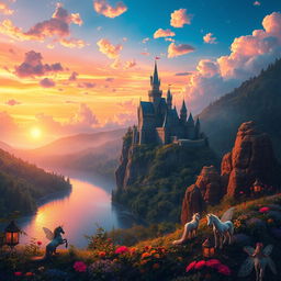 A breathtaking fantasy landscape featuring a majestic castle atop a cliff surrounded by lush forests and a shimmering lake at sunset