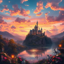 A breathtaking fantasy landscape featuring a majestic castle atop a cliff surrounded by lush forests and a shimmering lake at sunset