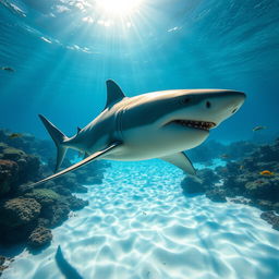 A realistic depiction of a shark swimming gracefully through crystal clear ocean waters
