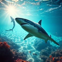 A realistic depiction of a shark swimming gracefully through crystal clear ocean waters