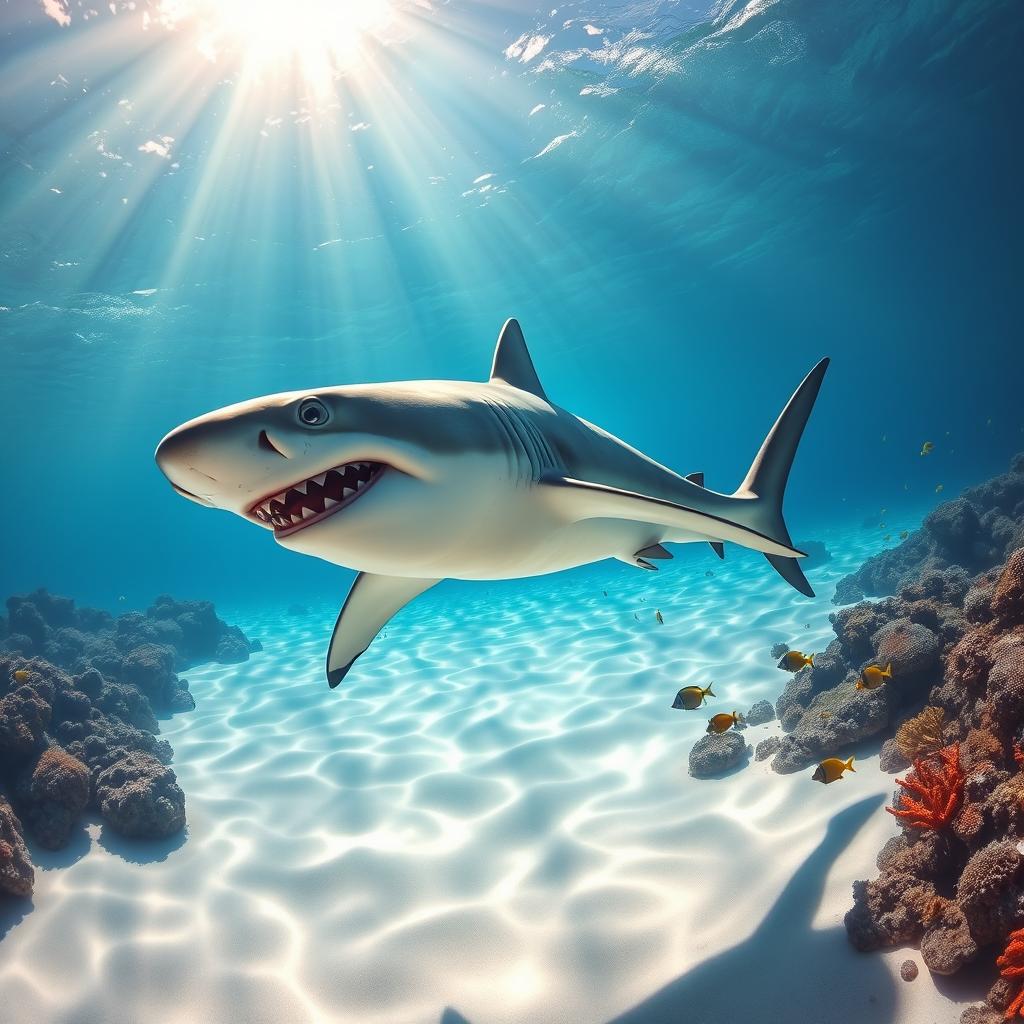 A realistic depiction of a shark swimming gracefully through crystal clear ocean waters