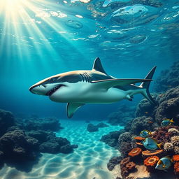 A realistic depiction of a shark swimming gracefully through crystal clear ocean waters