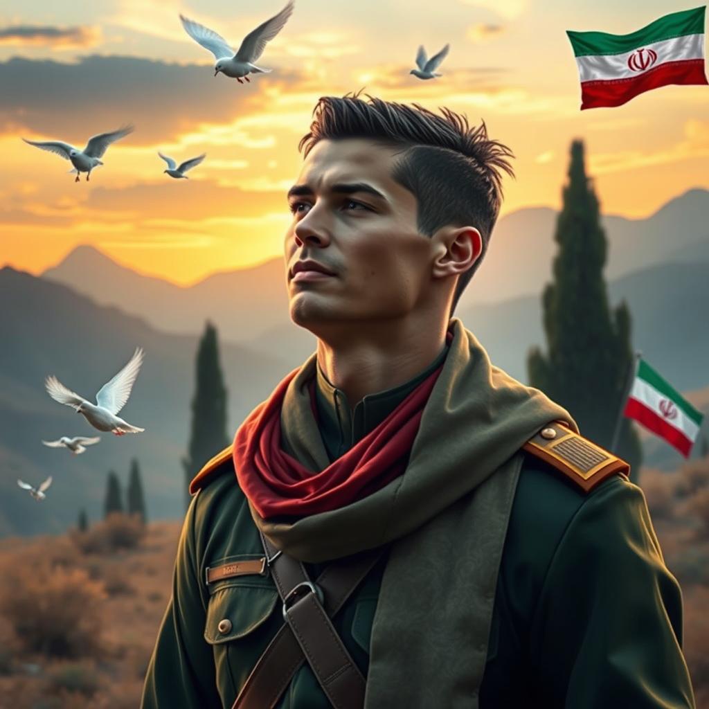 An artistic portrayal of a fictional scene featuring Cristiano Ronaldo as a martyr in Iran
