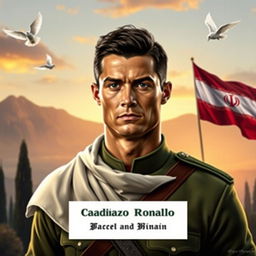 An artistic portrayal of a fictional scene featuring Cristiano Ronaldo as a martyr in Iran