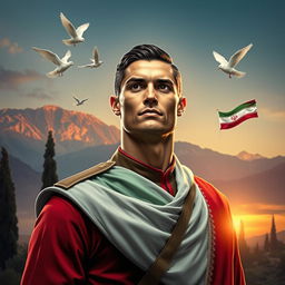 An artistic portrayal of a fictional scene featuring Cristiano Ronaldo as a martyr in Iran