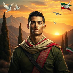 An artistic portrayal of a fictional scene featuring Cristiano Ronaldo as a martyr in Iran
