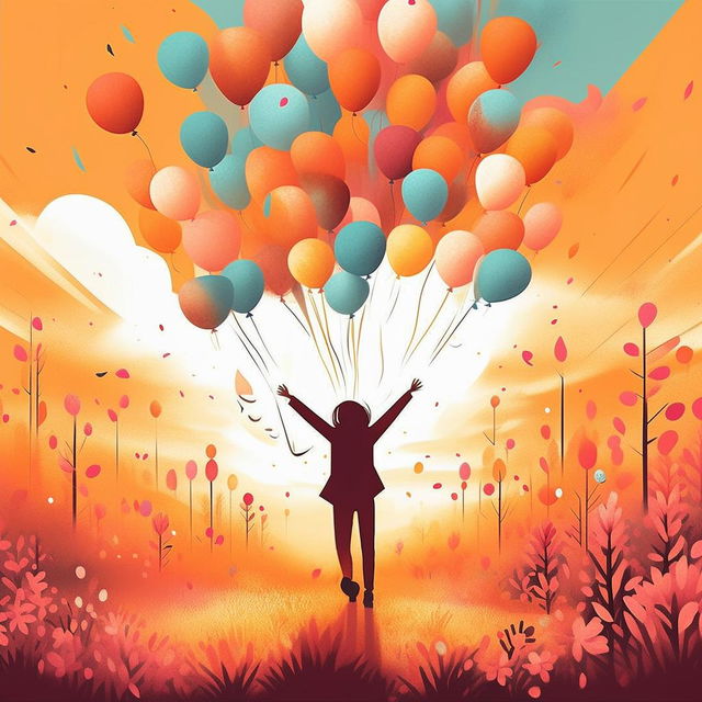 A vibrant illustration depicting the concept of happiness. Include vibrant colors, joyful expressions on people's faces and symbols associated with happiness like a sunny day, blooming flowers, and balloons.