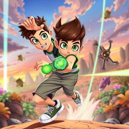 A dynamic scene featuring Ben Tennyson, a young hero with a bright green Omnitrix on his wrist, showcasing his signature spiky brown hair and round green eyes