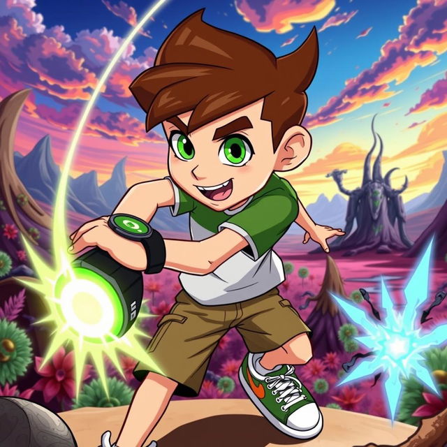 A dynamic scene featuring Ben Tennyson, a young hero with a bright green Omnitrix on his wrist, showcasing his signature spiky brown hair and round green eyes