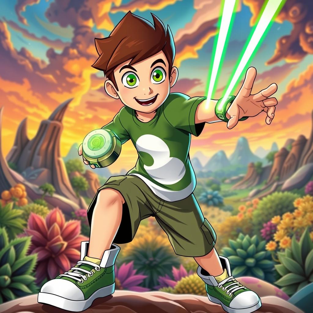 A dynamic scene featuring Ben Tennyson, a young hero with a bright green Omnitrix on his wrist, showcasing his signature spiky brown hair and round green eyes