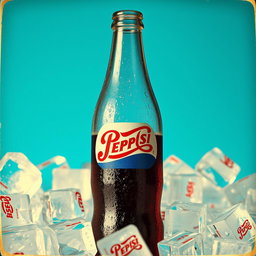 A vintage advertisement for Pepsi, featuring a classic glass bottle of Pepsi set against a vibrant blue background