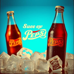 A vintage advertisement for Pepsi, featuring a classic glass bottle of Pepsi set against a vibrant blue background