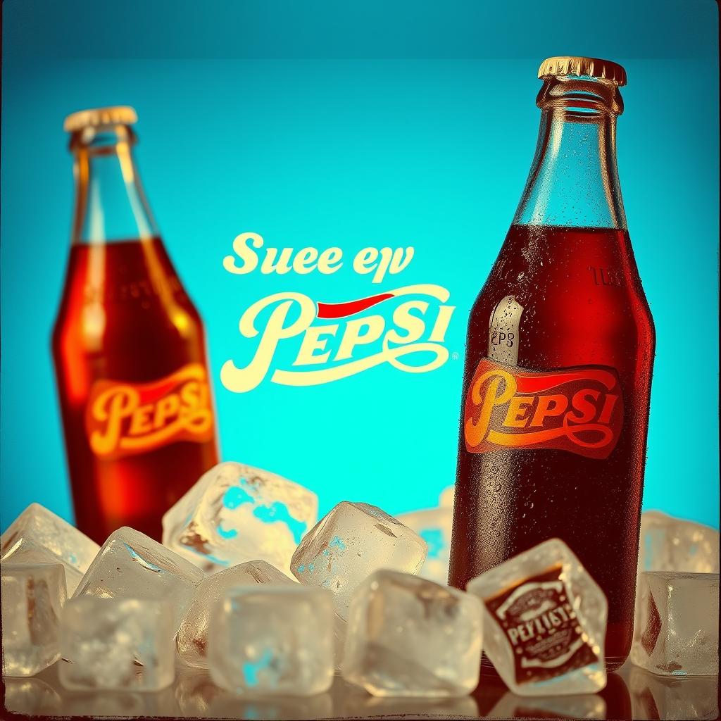 A vintage advertisement for Pepsi, featuring a classic glass bottle of Pepsi set against a vibrant blue background