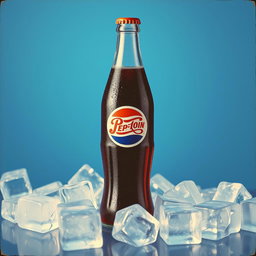 A vintage advertisement for Pepsi, featuring a classic glass bottle of Pepsi set against a vibrant blue background