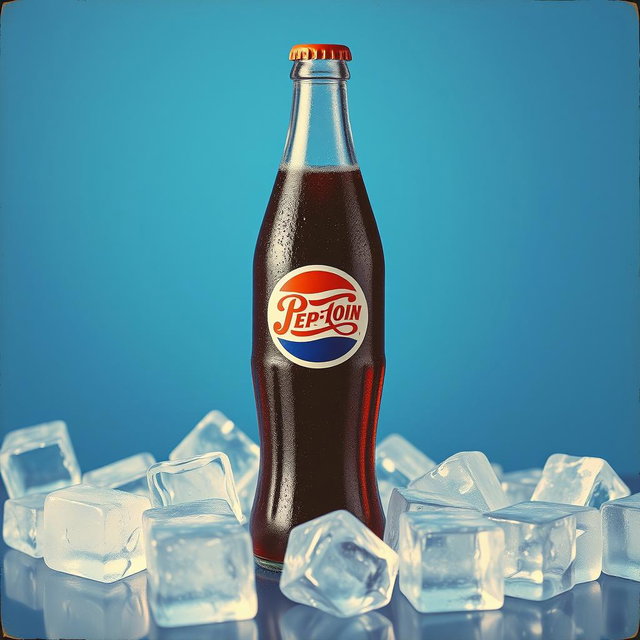 A vintage advertisement for Pepsi, featuring a classic glass bottle of Pepsi set against a vibrant blue background