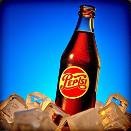 A vintage advertisement for Pepsi, featuring a classic glass bottle of Pepsi set against a vibrant blue background