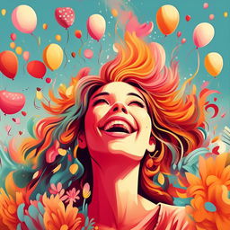 A vibrant illustration depicting the concept of happiness. Include vibrant colors, joyful expressions on people's faces and symbols associated with happiness like a sunny day, blooming flowers, and balloons.