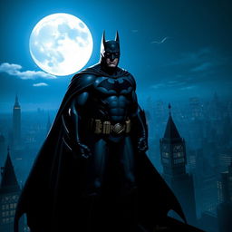 A dramatic scene depicting Batman standing on a rooftop at night, overlooking a sprawling Gotham City