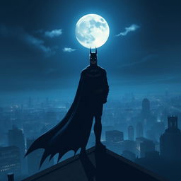 A dramatic scene depicting Batman standing on a rooftop at night, overlooking a sprawling Gotham City