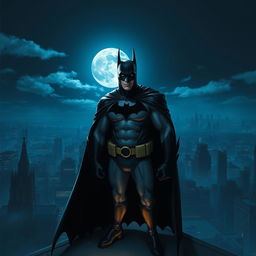 A dramatic scene depicting Batman standing on a rooftop at night, overlooking a sprawling Gotham City