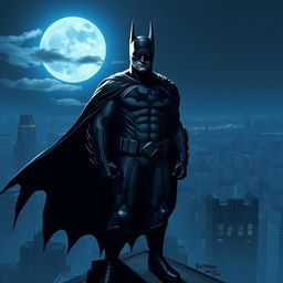 A dramatic scene depicting Batman standing on a rooftop at night, overlooking a sprawling Gotham City