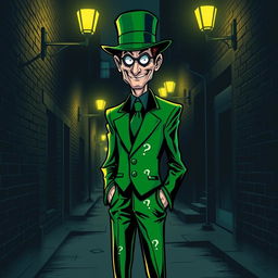 A highly stylized interpretation of the Riddler character from the DC Comics universe, featuring a tall, slender man wearing a vibrant green suit adorned with question marks